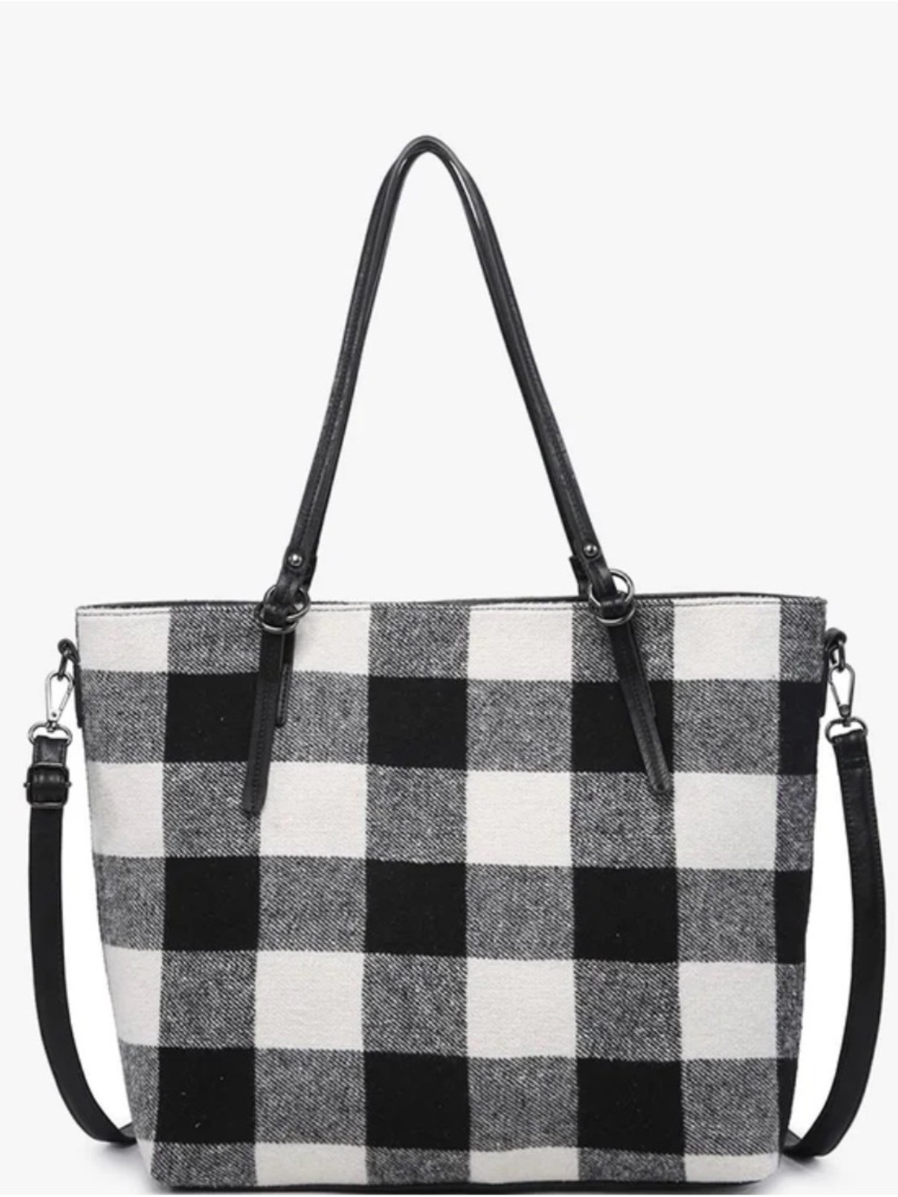 Black & White Buffalo Plaid Tote with Detachable Strap